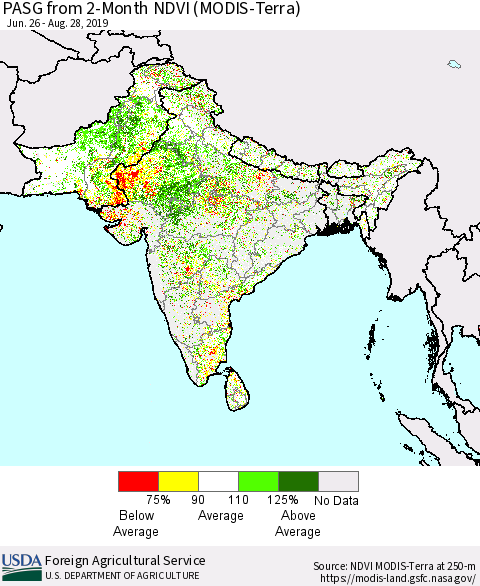 Southern Asia PASG from 2-Month NDVI (MODIS-Terra) Thematic Map For 8/21/2019 - 8/31/2019