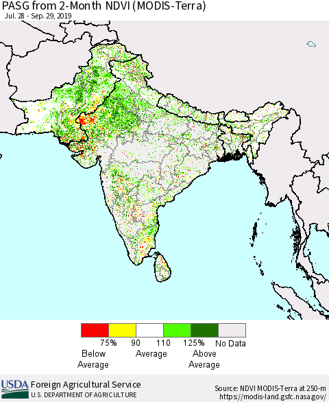 Southern Asia PASG from 2-Month NDVI (MODIS-Terra) Thematic Map For 9/21/2019 - 9/30/2019