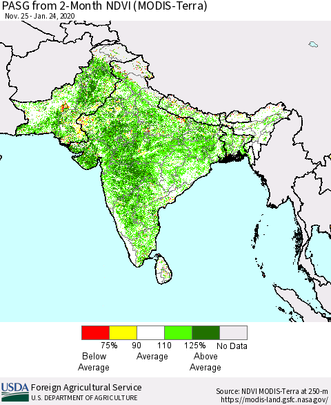 Southern Asia PASG from 2-Month NDVI (Terra-MODIS) Thematic Map For 1/21/2020 - 1/31/2020
