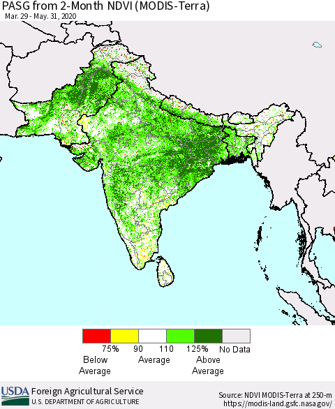 Southern Asia PASG from 2-Month NDVI (Terra-MODIS) Thematic Map For 5/21/2020 - 5/31/2020