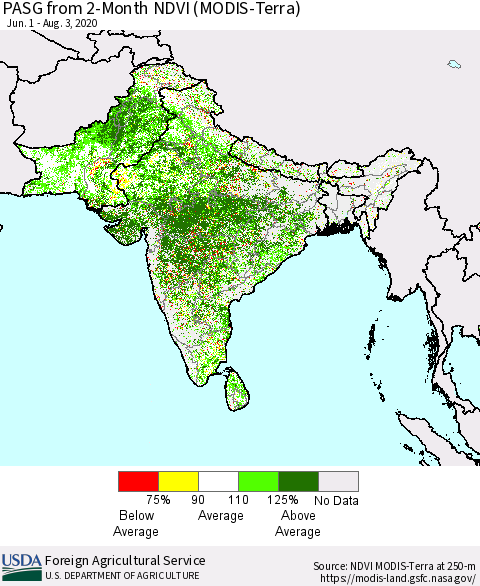 Southern Asia PASG from 2-Month NDVI (Terra-MODIS) Thematic Map For 8/1/2020 - 8/10/2020