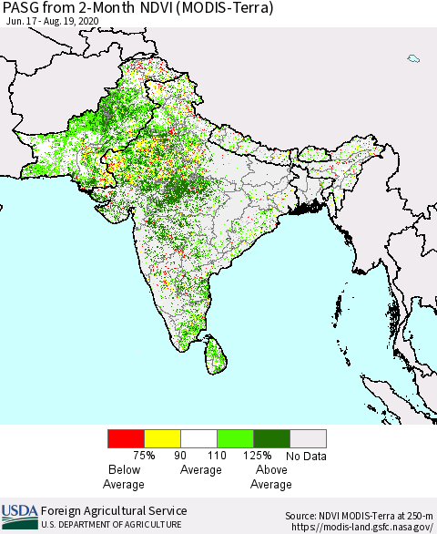 Southern Asia PASG from 2-Month NDVI (Terra-MODIS) Thematic Map For 8/11/2020 - 8/20/2020