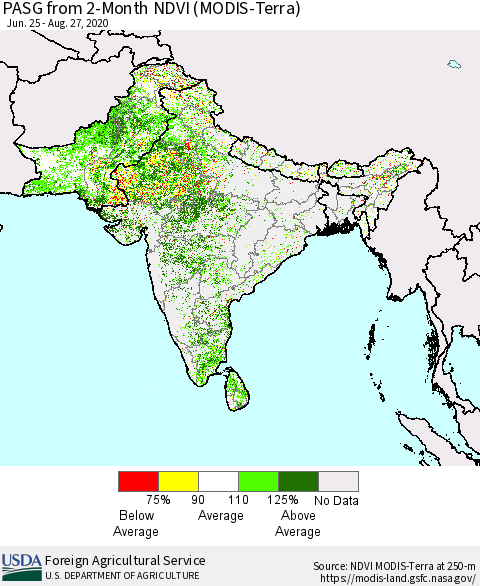 Southern Asia PASG from 2-Month NDVI (Terra-MODIS) Thematic Map For 8/21/2020 - 8/31/2020
