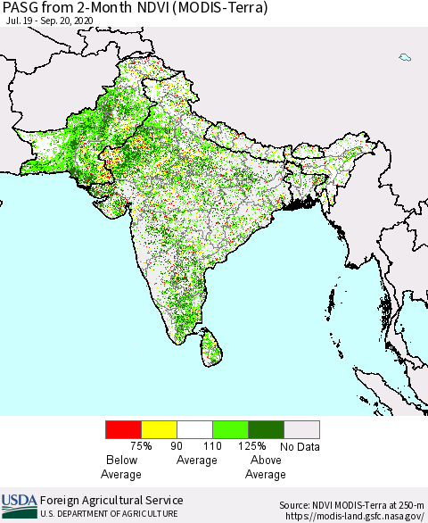 Southern Asia PASG from 2-Month NDVI (Terra-MODIS) Thematic Map For 9/11/2020 - 9/20/2020