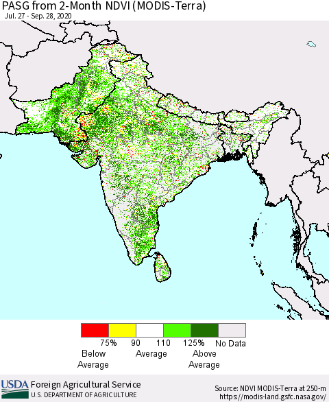 Southern Asia PASG from 2-Month NDVI (Terra-MODIS) Thematic Map For 9/21/2020 - 9/30/2020