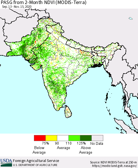 Southern Asia PASG from 2-Month NDVI (Terra-MODIS) Thematic Map For 11/11/2020 - 11/20/2020