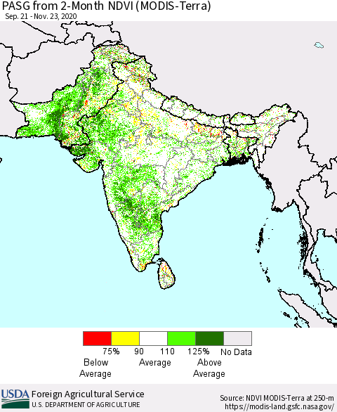 Southern Asia PASG from 2-Month NDVI (Terra-MODIS) Thematic Map For 11/21/2020 - 11/30/2020