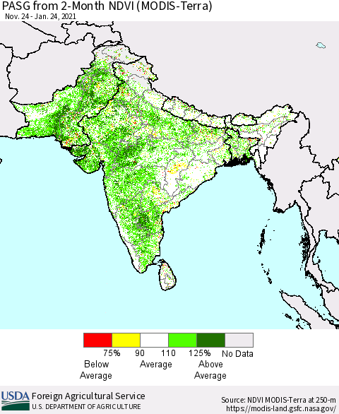 Southern Asia PASG from 2-Month NDVI (Terra-MODIS) Thematic Map For 1/21/2021 - 1/31/2021