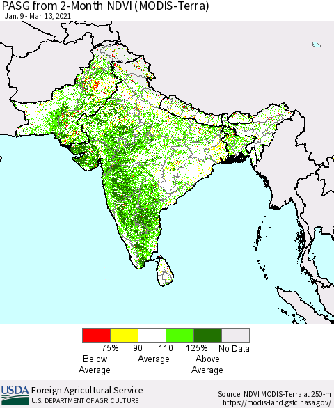 Southern Asia PASG from 2-Month NDVI (Terra-MODIS) Thematic Map For 3/11/2021 - 3/20/2021