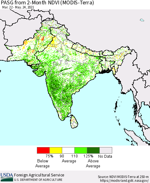 Southern Asia PASG from 2-Month NDVI (Terra-MODIS) Thematic Map For 5/21/2021 - 5/31/2021
