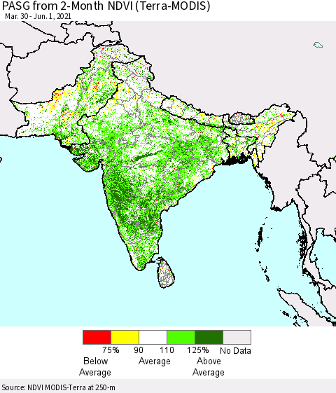 Southern Asia PASG from 2-Month NDVI (Terra-MODIS) Thematic Map For 5/25/2021 - 6/1/2021