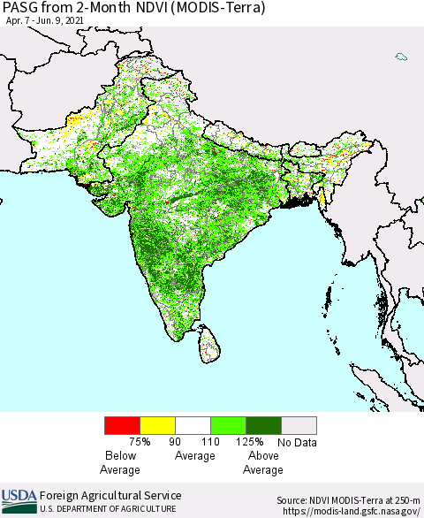 Southern Asia PASG from 2-Month NDVI (Terra-MODIS) Thematic Map For 6/1/2021 - 6/10/2021