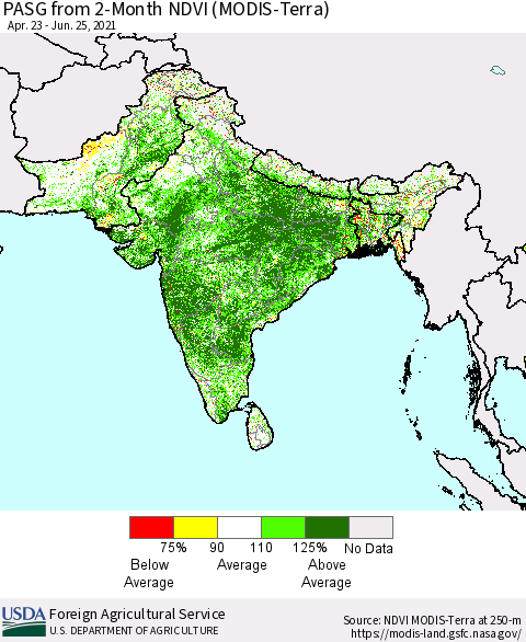 Southern Asia PASG from 2-Month NDVI (Terra-MODIS) Thematic Map For 6/21/2021 - 6/30/2021