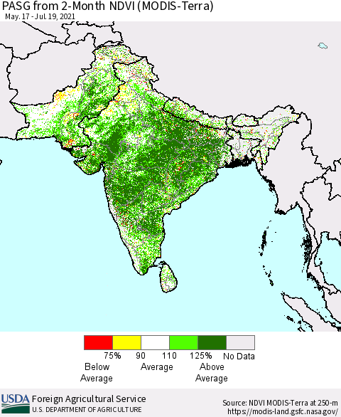 Southern Asia PASG from 2-Month NDVI (Terra-MODIS) Thematic Map For 7/11/2021 - 7/20/2021