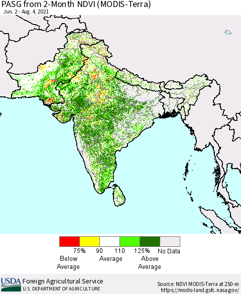 Southern Asia PASG from 2-Month NDVI (Terra-MODIS) Thematic Map For 8/1/2021 - 8/10/2021