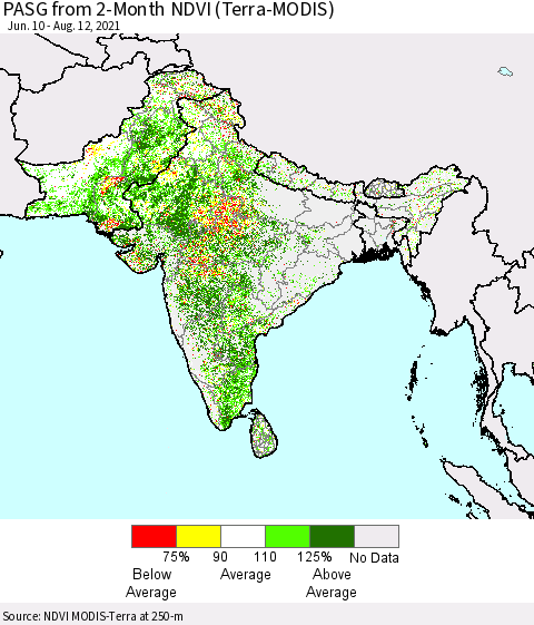 Southern Asia PASG from 2-Month NDVI (Terra-MODIS) Thematic Map For 8/5/2021 - 8/12/2021