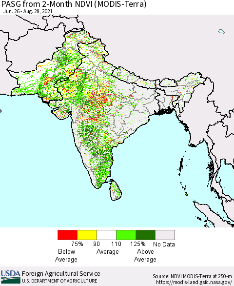 Southern Asia PASG from 2-Month NDVI (Terra-MODIS) Thematic Map For 8/21/2021 - 8/31/2021