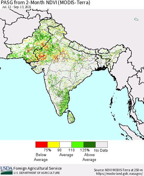 Southern Asia PASG from 2-Month NDVI (Terra-MODIS) Thematic Map For 9/11/2021 - 9/20/2021