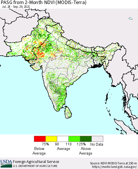 Southern Asia PASG from 2-Month NDVI (Terra-MODIS) Thematic Map For 9/21/2021 - 9/30/2021