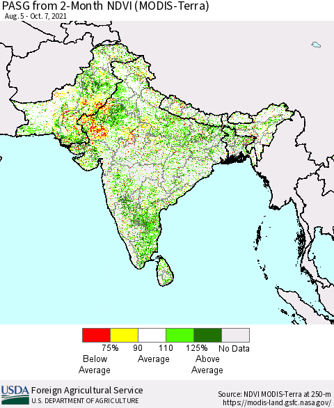 Southern Asia PASG from 2-Month NDVI (Terra-MODIS) Thematic Map For 10/1/2021 - 10/10/2021