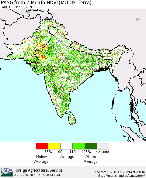Southern Asia PASG from 2-Month NDVI (MODIS-Terra) Thematic Map For 10/11/2021 - 10/20/2021