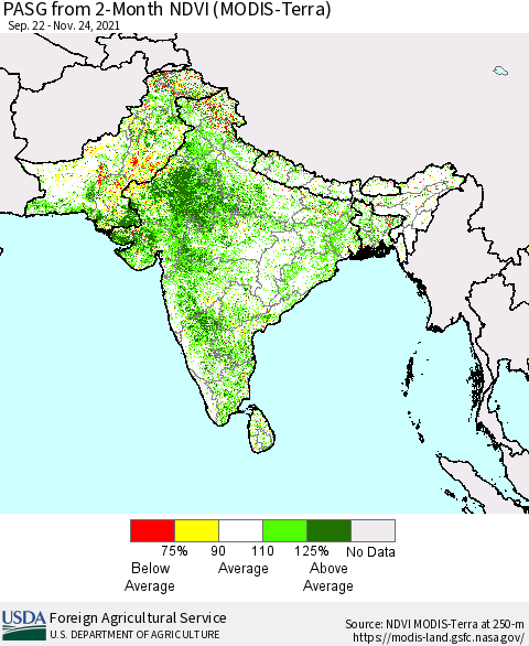 Southern Asia PASG from 2-Month NDVI (Terra-MODIS) Thematic Map For 11/21/2021 - 11/30/2021