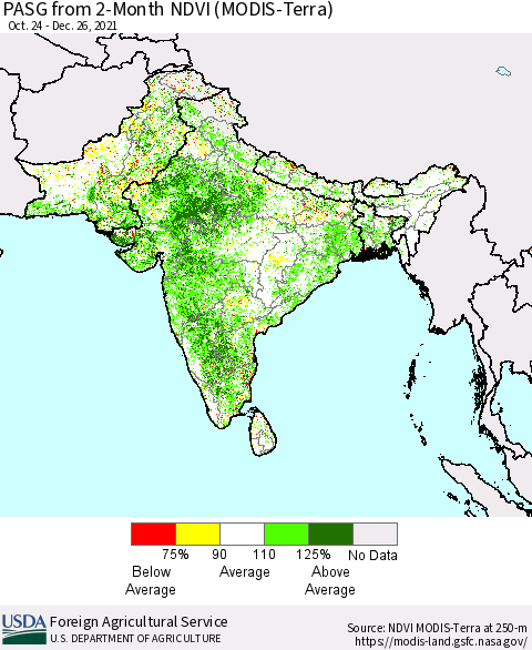 Southern Asia PASG from 2-Month NDVI (MODIS-Terra) Thematic Map For 12/21/2021 - 12/31/2021