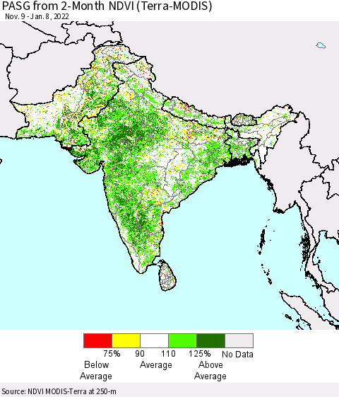 Southern Asia PASG from 2-Month NDVI (Terra-MODIS) Thematic Map For 1/1/2022 - 1/8/2022