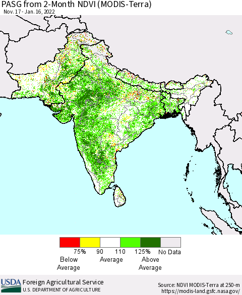 Southern Asia PASG from 2-Month NDVI (Terra-MODIS) Thematic Map For 1/11/2022 - 1/20/2022