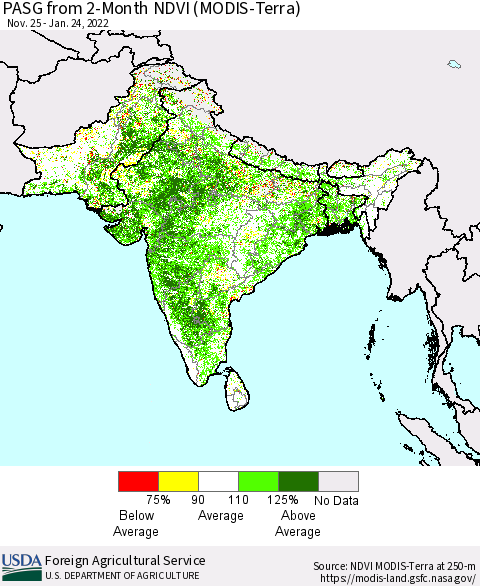 Southern Asia PASG from 2-Month NDVI (Terra-MODIS) Thematic Map For 1/21/2022 - 1/31/2022