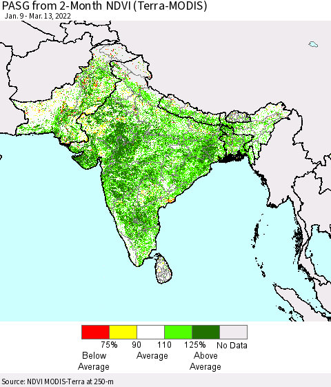 Southern Asia PASG from 2-Month NDVI (Terra-MODIS) Thematic Map For 3/6/2022 - 3/13/2022