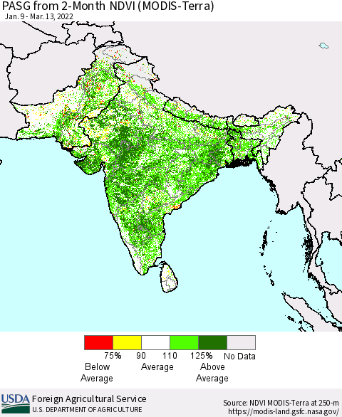 Southern Asia PASG from 2-Month NDVI (Terra-MODIS) Thematic Map For 3/11/2022 - 3/20/2022