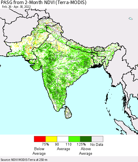 Southern Asia PASG from 2-Month NDVI (Terra-MODIS) Thematic Map For 4/21/2022 - 4/30/2022