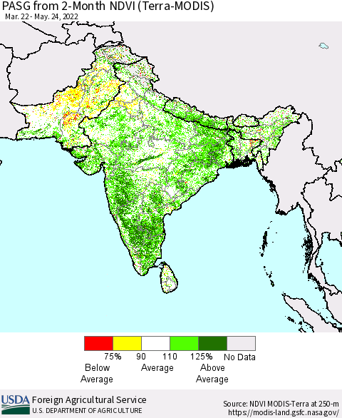 Southern Asia PASG from 2-Month NDVI (Terra-MODIS) Thematic Map For 5/21/2022 - 5/31/2022