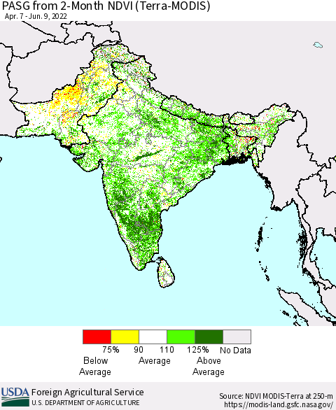 Southern Asia PASG from 2-Month NDVI (Terra-MODIS) Thematic Map For 6/1/2022 - 6/10/2022