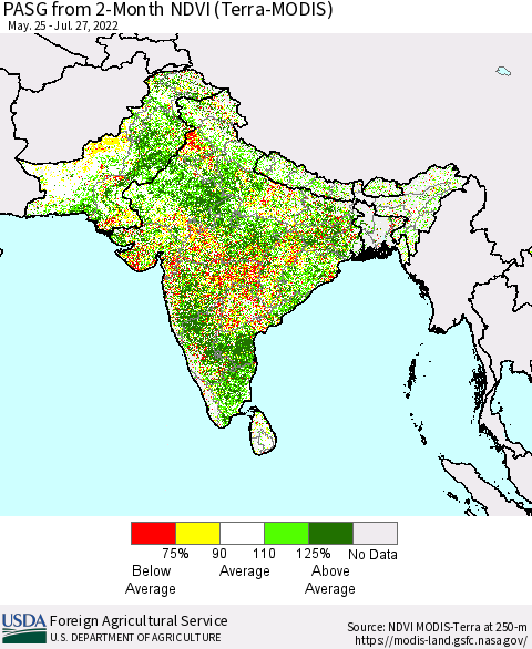 Southern Asia PASG from 2-Month NDVI (Terra-MODIS) Thematic Map For 7/21/2022 - 7/31/2022