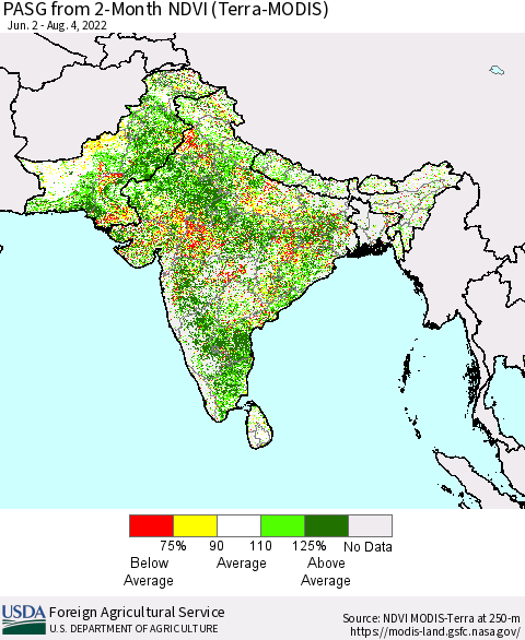 Southern Asia PASG from 2-Month NDVI (Terra-MODIS) Thematic Map For 8/1/2022 - 8/10/2022