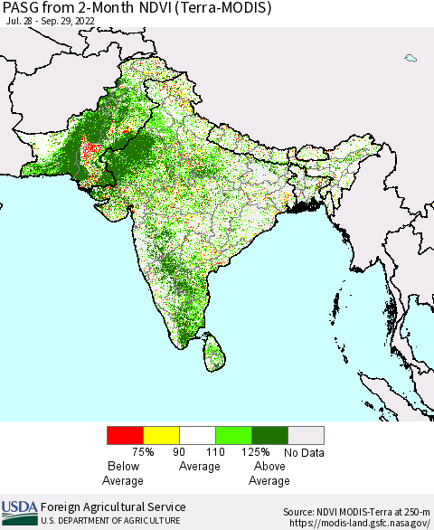 Southern Asia PASG from 2-Month NDVI (Terra-MODIS) Thematic Map For 9/21/2022 - 9/30/2022