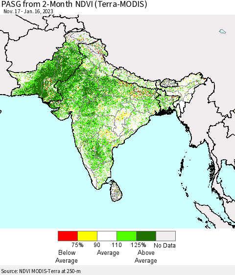 Southern Asia PASG from 2-Month NDVI (Terra-MODIS) Thematic Map For 1/9/2023 - 1/16/2023