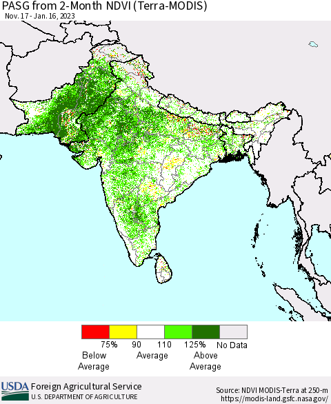 Southern Asia PASG from 2-Month NDVI (Terra-MODIS) Thematic Map For 1/11/2023 - 1/20/2023