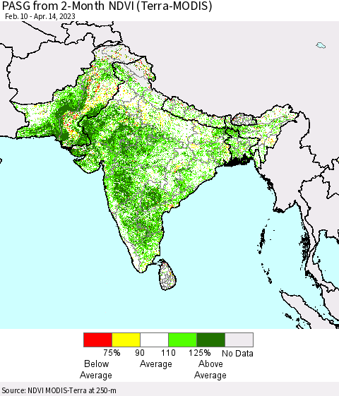 Southern Asia PASG from 2-Month NDVI (Terra-MODIS) Thematic Map For 4/7/2023 - 4/14/2023