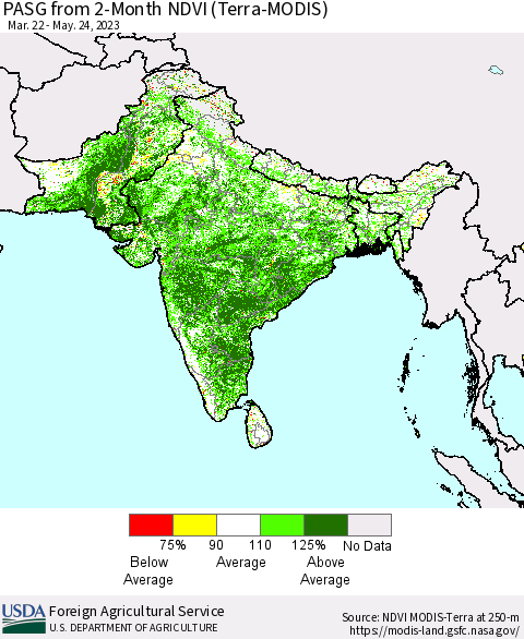 Southern Asia PASG from 2-Month NDVI (Terra-MODIS) Thematic Map For 5/21/2023 - 5/31/2023