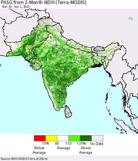 Southern Asia PASG from 2-Month NDVI (Terra-MODIS) Thematic Map For 5/25/2023 - 6/1/2023