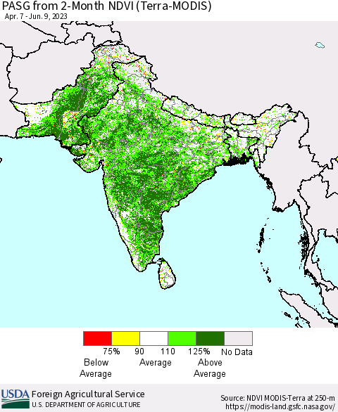 Southern Asia PASG from 2-Month NDVI (Terra-MODIS) Thematic Map For 6/1/2023 - 6/10/2023