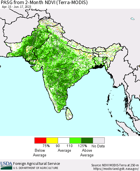Southern Asia PASG from 2-Month NDVI (Terra-MODIS) Thematic Map For 6/11/2023 - 6/20/2023