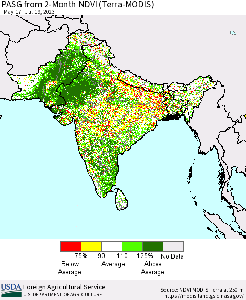 Southern Asia PASG from 2-Month NDVI (Terra-MODIS) Thematic Map For 7/11/2023 - 7/20/2023