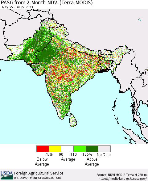 Southern Asia PASG from 2-Month NDVI (Terra-MODIS) Thematic Map For 7/21/2023 - 7/31/2023