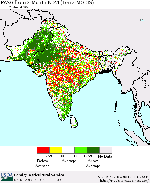 Southern Asia PASG from 2-Month NDVI (Terra-MODIS) Thematic Map For 8/1/2023 - 8/10/2023