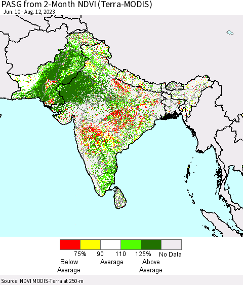 Southern Asia PASG from 2-Month NDVI (Terra-MODIS) Thematic Map For 8/5/2023 - 8/12/2023