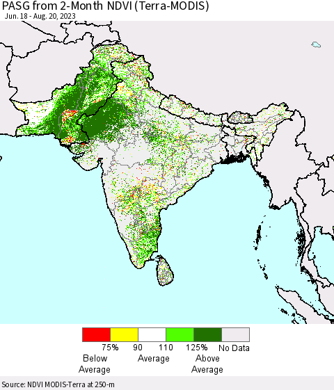 Southern Asia PASG from 2-Month NDVI (Terra-MODIS) Thematic Map For 8/11/2023 - 8/20/2023